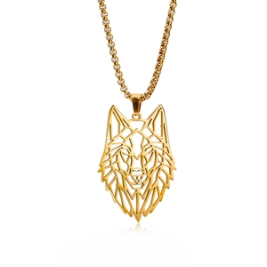 Detailed view of golden hollow geometric wolf head pendant with elegant box chain