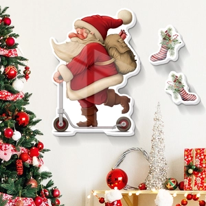 3D Santa Claus on scooter wall decals with Christmas stockings for home holiday decoration