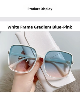 Detail view of white square frame sunglasses with blue-pink gradient lenses and white case