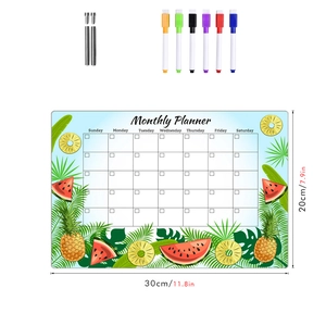 Close-up of magnetic monthly planner board with six colorful markers and tropical designs