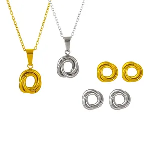 Bijoux Minimalistes En Acier Inoxydable Collier Pendentif Rond Torsadé Et Boucles D'oreilles Pour Femmes Plaqué Or 18K