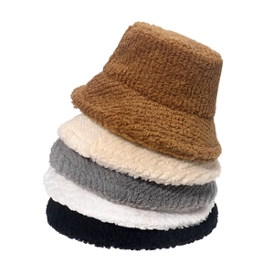 Winter Bucket Hat Warm Plush Lamb Wool Striped Solid Color Fashion Thickened Soft Fisherman Cap For Women Men