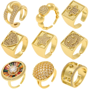 Fashion Minimalist Gold Plated Copper Zirconia Open Adjustable Rings For Women Hamsa Heart Smile Face Star Band Ring Jewelry