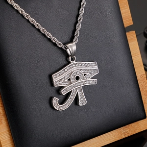 Hip hop silver stainless steel Eye of Horus necklace with sparkling crystals on black leather