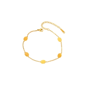 Detail of adjustable gold stainless steel bracelet with five matte oval metal charms