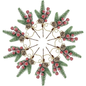 Artificial Christmas Pine Needle Berry Pick With Small Pine Cone Snow Frost Red Berries Twine Bow Xmas Tree Decoration DIY