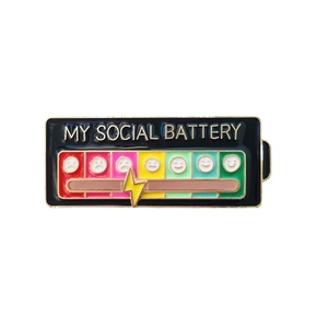 Creative My Social Battery enamel pin with sliding mood and battery level indicator