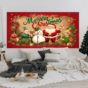 Merry Christmas backdrop featuring Santa, snowman, and elves on a red festive background