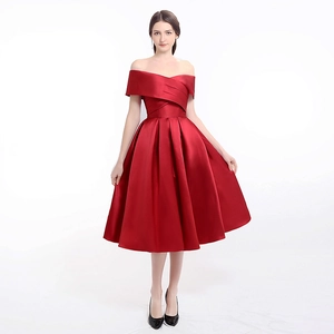 Elegant off-shoulder red satin cocktail dress with A-line skirt and pleated bodice