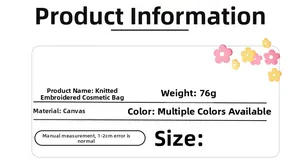 Detailed specifications of embroidered floral canvas makeup bag showing size and fabric data