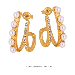 Double Layer Earrings Titanium Steel Faux Artificial Pearl Rhinestone Elegant Commuter Style Jewelry For Women