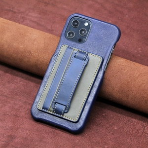 Dark blue leather phone case with integrated wrist strap and stand functionality