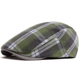 Classic British plaid beret hat in green and grey checkered pattern for men and women