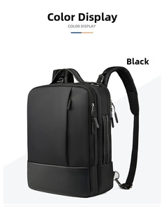 Detail of multi-layer zipper compartments and premium material on black business backpack
