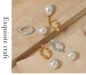 Exquisite gold and silver stainless steel earrings with elegant hanging pearls and hoops