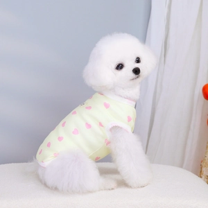 Breathable dog vest with pink heart print in light yellow for small pets like Pomeranians
