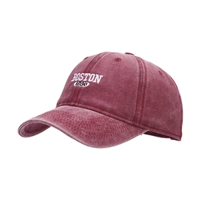 Vintage burgundy washed cotton baseball cap with white Boston 1630 embroidery