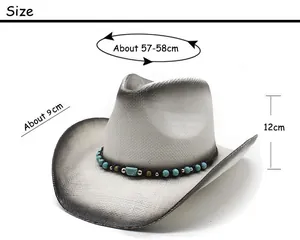 Size chart showing 58cm head circumference for the woven cowboy hat with turquoise beads