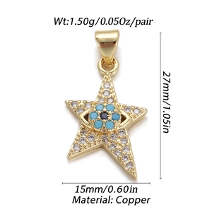 Detailed view of gold star evil eye charm with dimensions and material specs