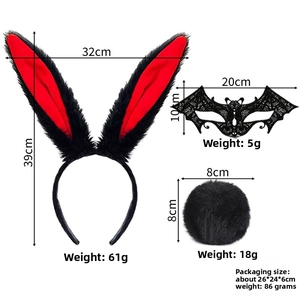 Detailed view of bunny ears headband, lace mask, and tail with size measurements