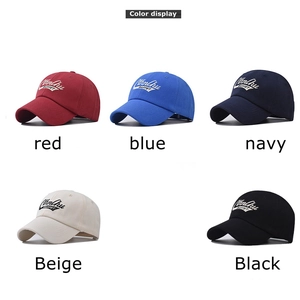 Unisex cotton baseball caps with embroidered letters in five colors on a white background