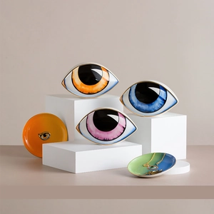 Artistic ceramic evil eye decorative plate set in blue, orange and pink for home decor