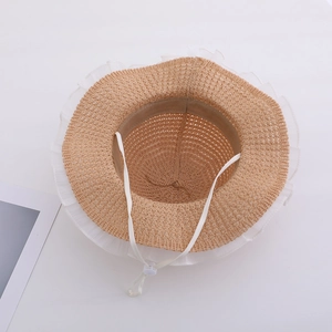 Kids summer straw sun hat featuring white lace trim and adjustable drawstring for girls