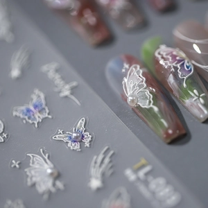 3D butterfly embossed nail art stickers TL-089 with purple pearls and white outlines