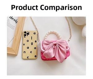Pink tweed mini crossbody bag with silk bow and pearl handle shown beside a smartphone