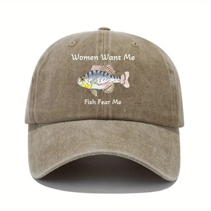 Classic khaki washed cotton baseball cap featuring Women Want Me Fish Fear Me fish graphic