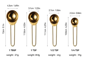 Detail of rose gold stainless steel measuring spoons with engraved metric scales