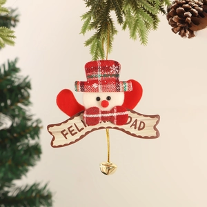 Plush snowman Christmas tree ornament with Feliz Navidad banner and golden bells