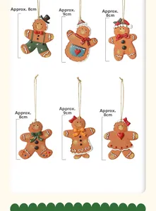 Detailed set of 6 ginger man ornaments with red bows and heart patterns, 8-9cm height