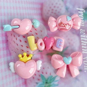 7-piece set of pink heart and candy resin charms for DIY crafts and hair accessories