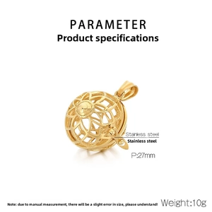 Detail of 27mm golden hollow ball pendant in stainless steel with floral texture