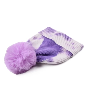 Winter tie-dye knit beanie in purple and white with a large faux fur pompom for women