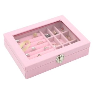 Pink velvet jewelry box with clear glass lid and metal clasp for rings and earrings