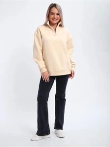 Detail of half-zip stand collar and metal zipper on beige fleece pullover sweatshirt