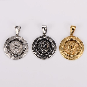 Embossed stainless steel lion head necklaces in gold, silver and black metal