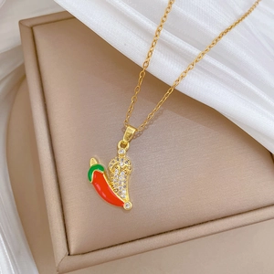 Elegant gold titanium steel necklace with a crystal-paved red chili pepper pendant