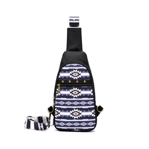 Detail of bohemian Aztec cross-body bag featuring geometric weave and metal zippers