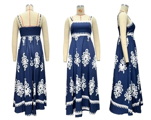 Macro view of ethnic floral print maxi dress with elastic back and wave trim details