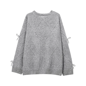 Gray crewneck knit sweater with diamond patterns and side sleeve bow ties detail