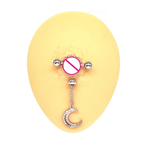 Heart-shaped nipple ring with moon pendant in polished stainless steel for body piercing