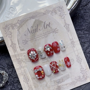 Ongles À Presser De Noël Rouge Blanc Flocon De Neige Strass Künstliche Perle Nœud 3D Fait Main Faux Ongles Festifs Pour Femmes
