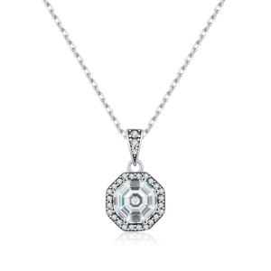 S925 Sterling Silver Octagonal Pendant Necklace with Sparkling Cubic Zirconia Stones