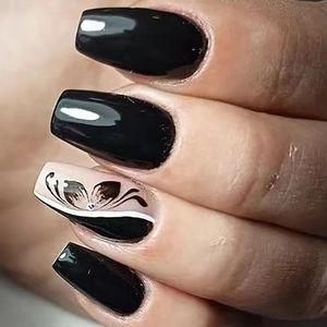 Faux Ongles À Presser Motif Floral Noir Strass Cercueil Ballerine Ongles Artificiels Brillant Long Manucure Pour Femmes