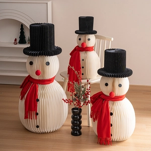 Three-piece honeycomb paper snowman set with red scarves for Christmas tabletop decor