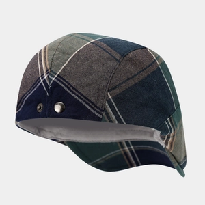 British style plaid flat cap in navy and green with metallic side rivets details