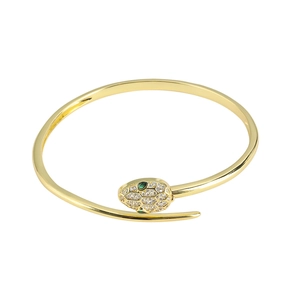 Snake wrap open bangle in gold finish with sparkling cubic zirconia and green gem eyes